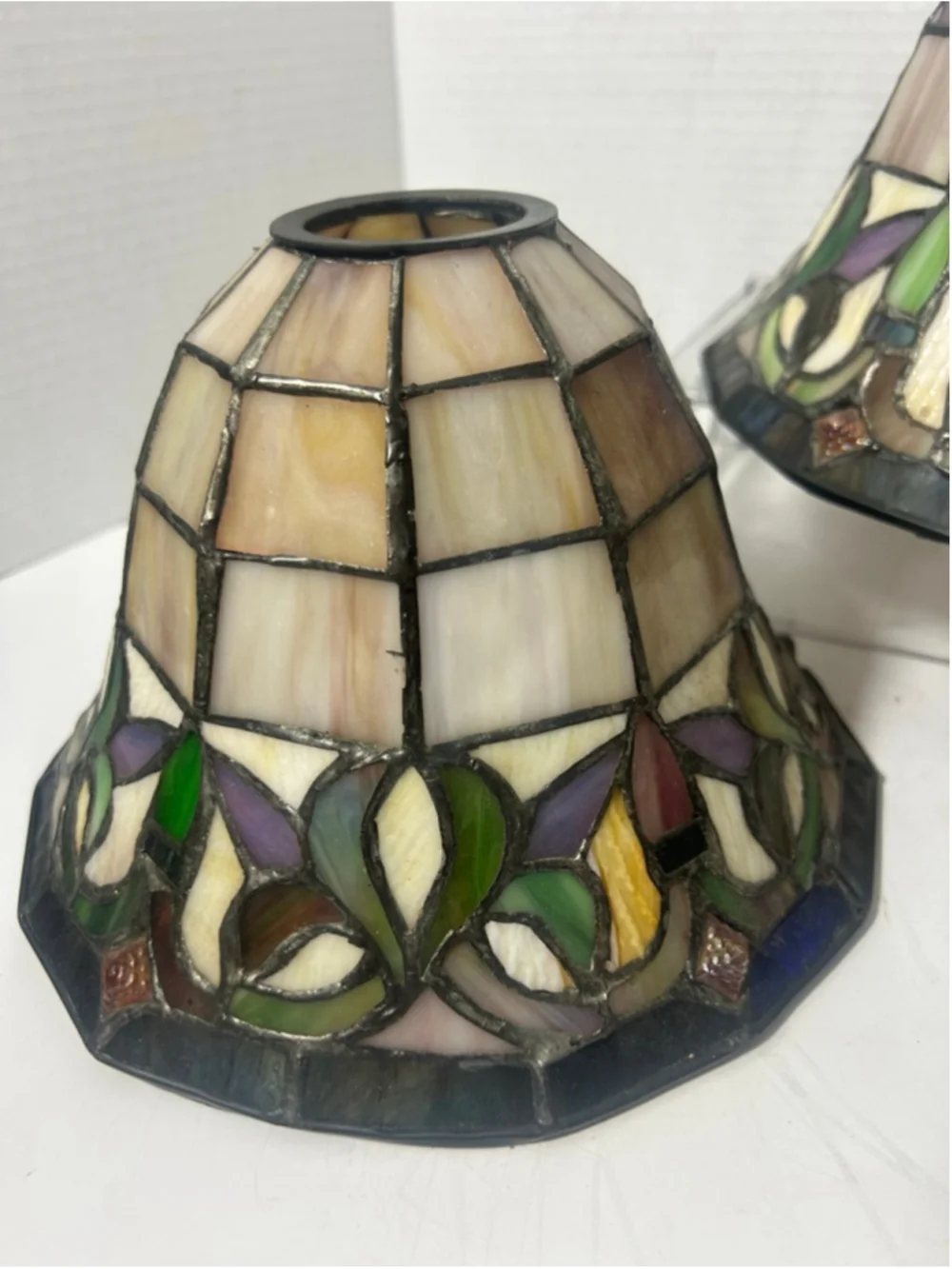 Vintage Tiffany Style Marble Slag Stained Glass Lamp Shades Set 3 Floral Retro